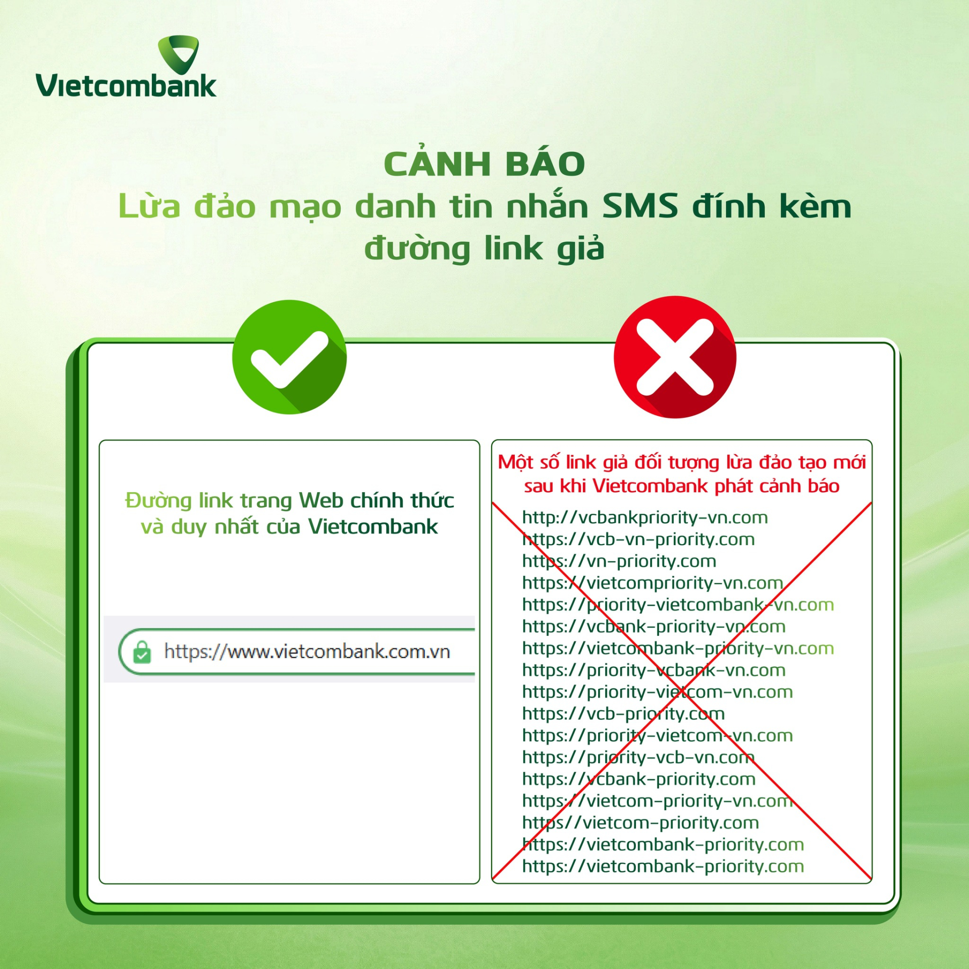Chiêu trò giả mạo tin nhắn, website Vietcombank (Nguồn: Vietcombank)