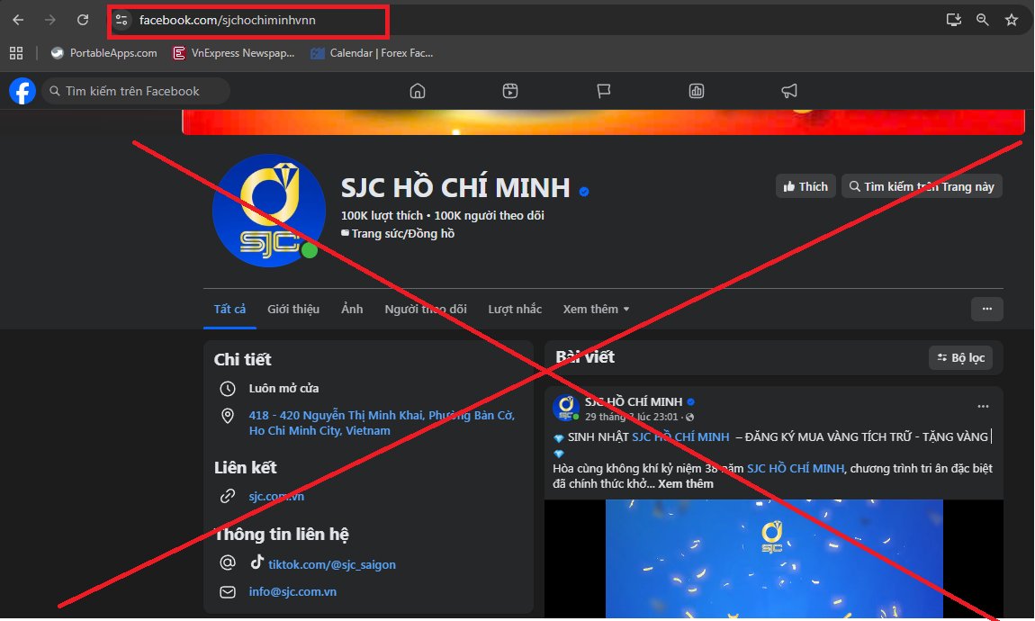 Trang fanpage giả mạo SJC mà người mua vàng cần cảnh giác (Ảnh: SJC)