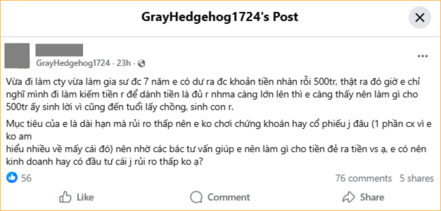 Không dám đầu tư chứng khoán hay cổ phiếu vì khẩu vị rủi ro thấp, nhưng cũng không biết phải đầu tư gì với 500 triệu (Ảnh chụp màn hình)