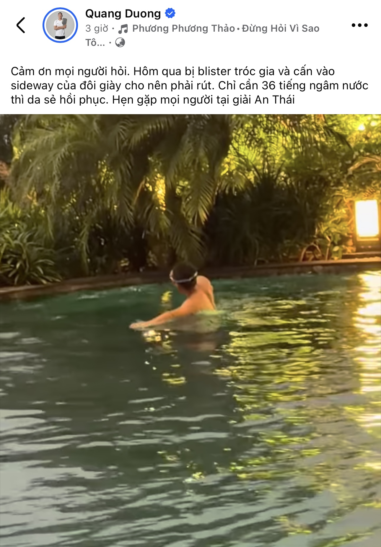 Quang Dương đi bơi phục hồi, kèm chia sẻ gây khó hiểu về lỗi diễn đạt 
