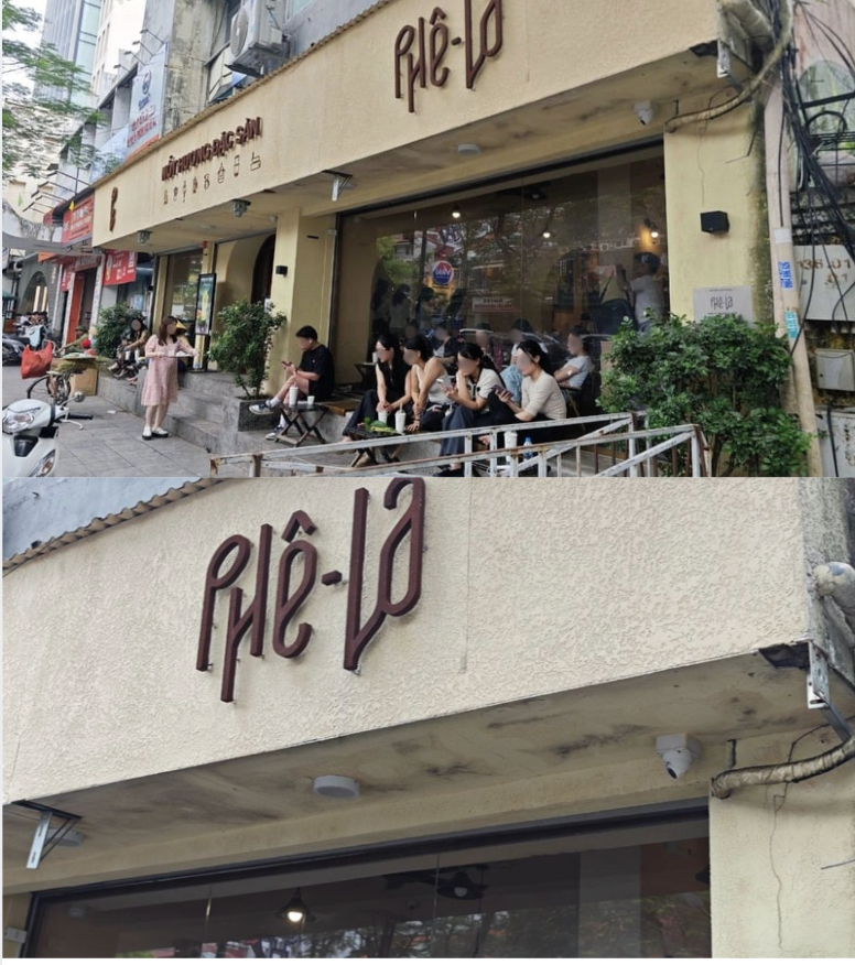 Mặt tiền chi nhánh xuất hiện các vết ố và dấu vết xuống cấp ngay khu vực phía trên bảng hiệu chính.