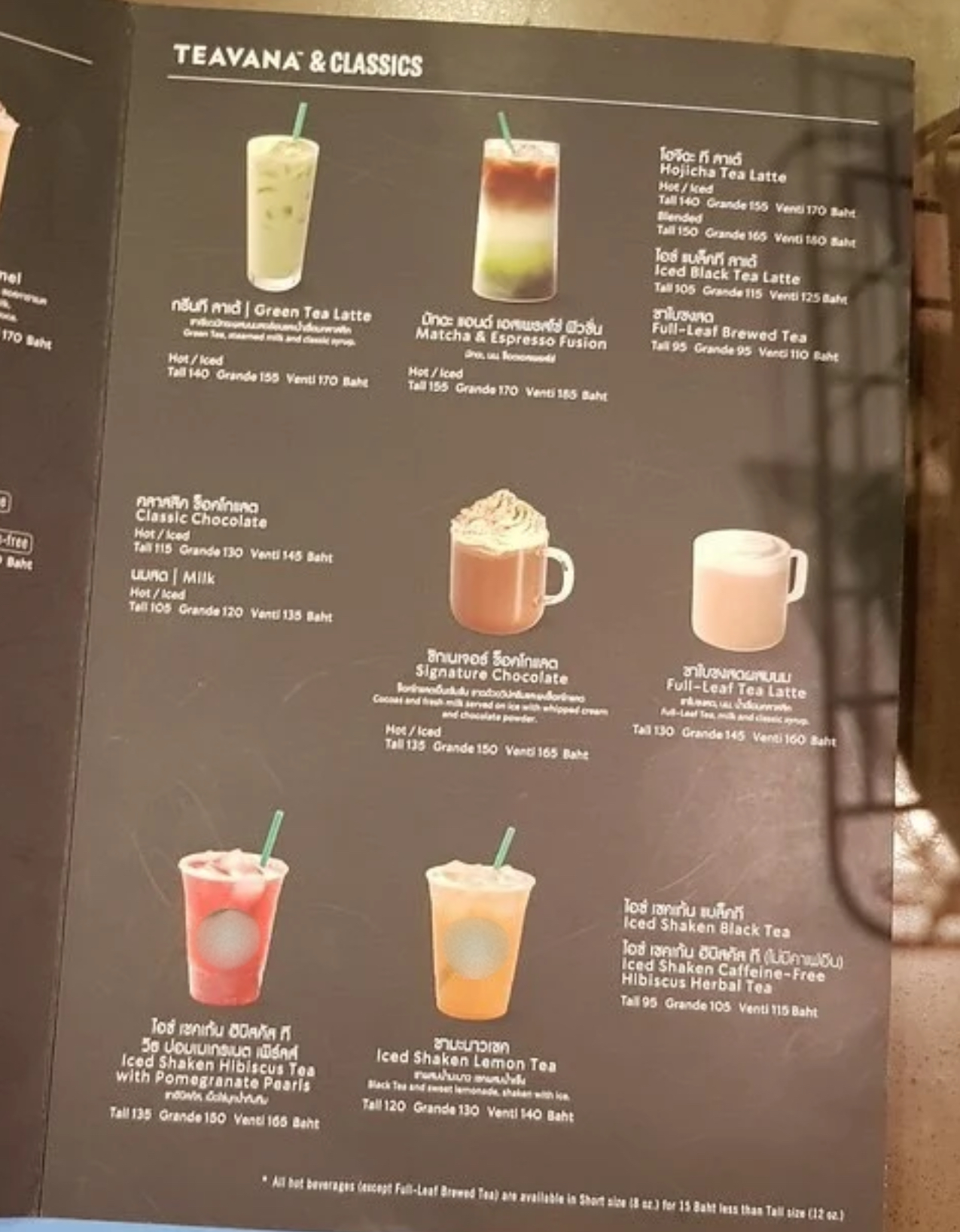 Menu tại Thái Lan