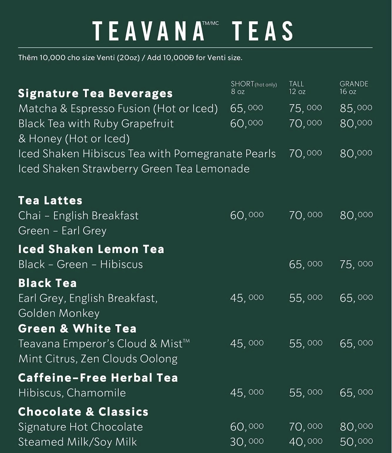 Menu của hãng cà phê S tại Việt Nam