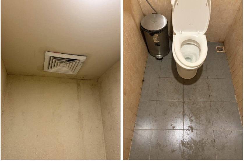   Tại chi nhánh Ngọc Hà, khu vực nhà vệ sinh đã dọn dẹp quạt thông gió, song sàn vẫn còn lưu lại nhiều vết chân.  