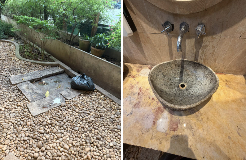 Bồn rửa tay xuất hiện vết nước loang lổ, túi rác ngoài sân chưa được xử lý dù thùng rác chỉ cách đó tầm hơn 1 mét.