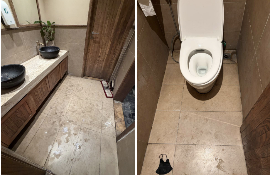 Nhà vệ sinh ở tầng 1 và tầng 2 cơ sở Trích Sài vẫn còn bừa bộn.