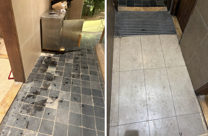 Tại khu vực nhà vệ sinh ở cả tầng 1 và tầng 2, sàn xuất hiện nhiều dấu chân do khách dẫm vào nước rồi di chuyển vào bên trong.