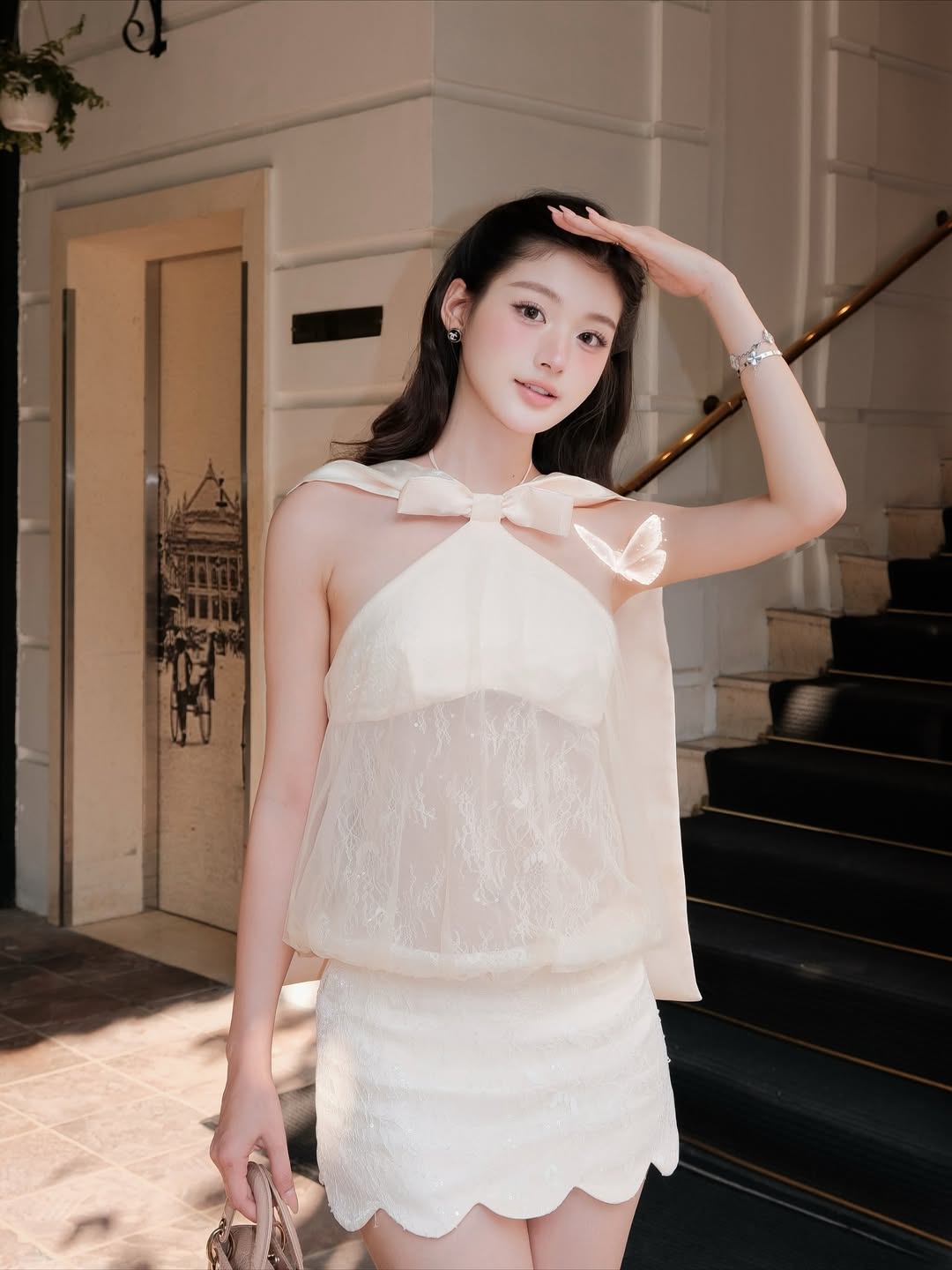 Lại thêm 1 thiết kế có thể đốn tim bất kỳ cô gái nào, và Tracy Diệu Anh cũng chẳng ngoại lệ. Đây là item đến từ brand Belisa. Thiết kế sử dụng chất liệu ren xuyên thấu giúp Diệu Anh khéo léo khoe trọn vóc dáng mảnh mai và visual trong trẻo.