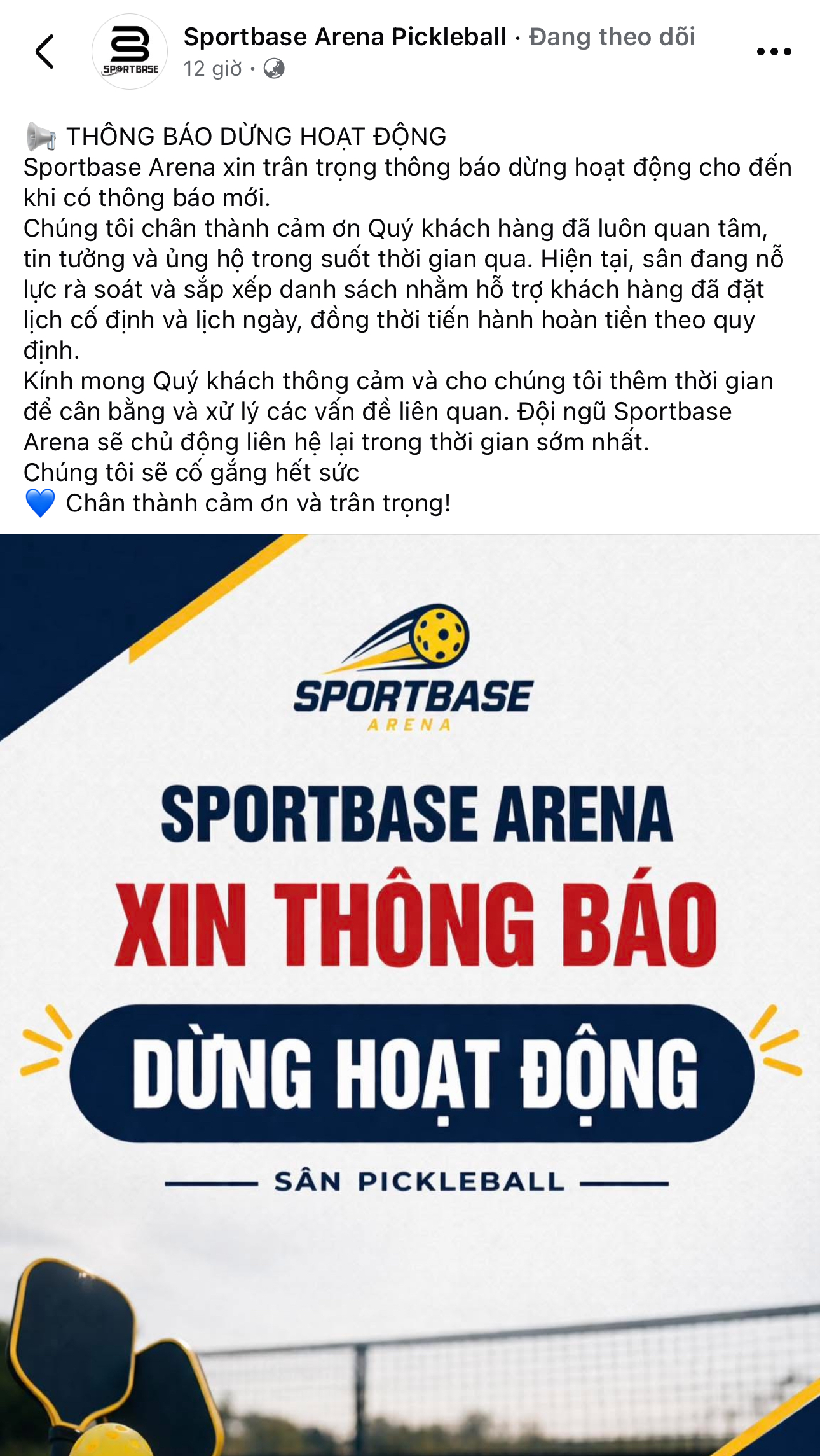 Thông báo từ chủ sân pickleball bị tháo dỡ 