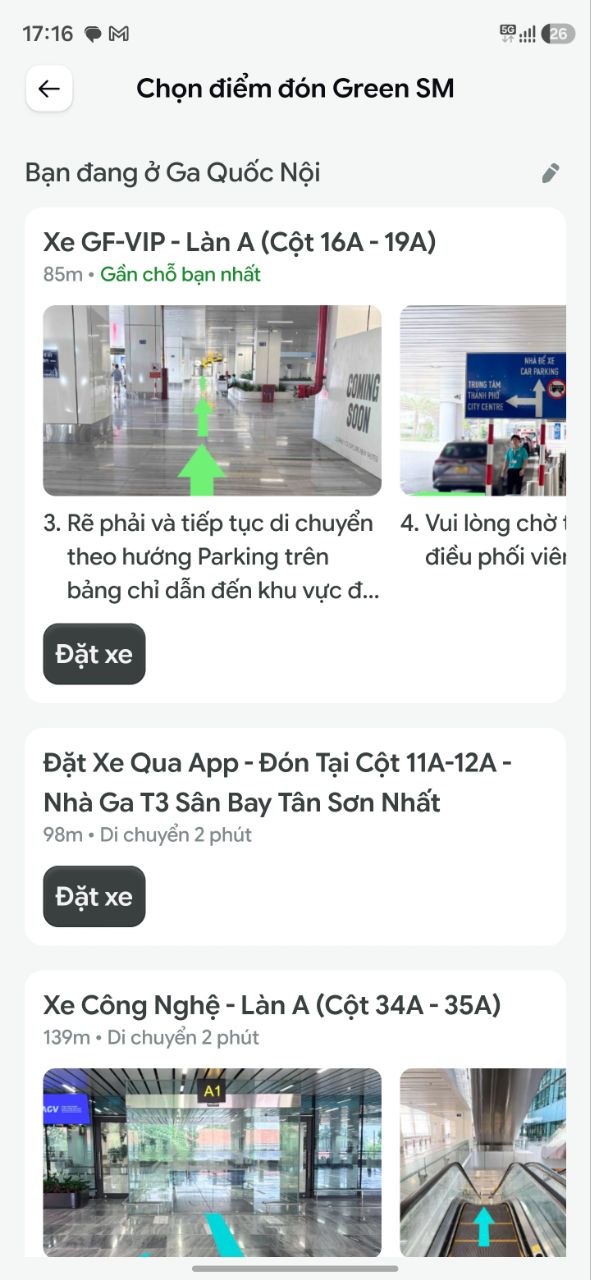 Đáp xuống sân bay Tân Sơn Nhất và mở ứng dụng Green SM để đặt xe, du khách được hướng dẫn chi tiết để đến điểm đón xe 