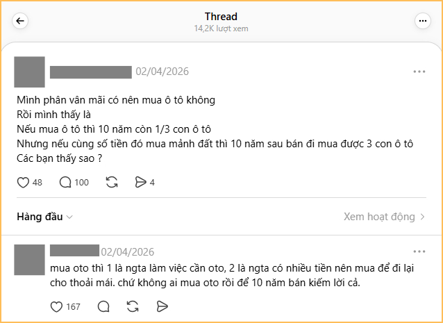   Nguyên văn bài đăng về việc “nên mua ô tô hay nên để tiền mua đất” (Ảnh chụp màn hình)  