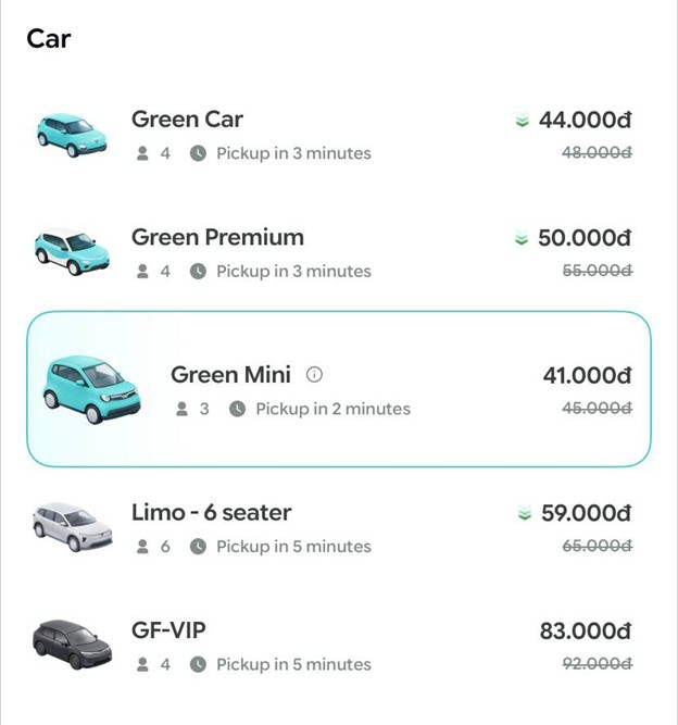   Nếu chọn Green SM ô tô điện, tôi có hẳn 5 lựa chọn với 5 mức giá khác nhau cho cuốc xe này  