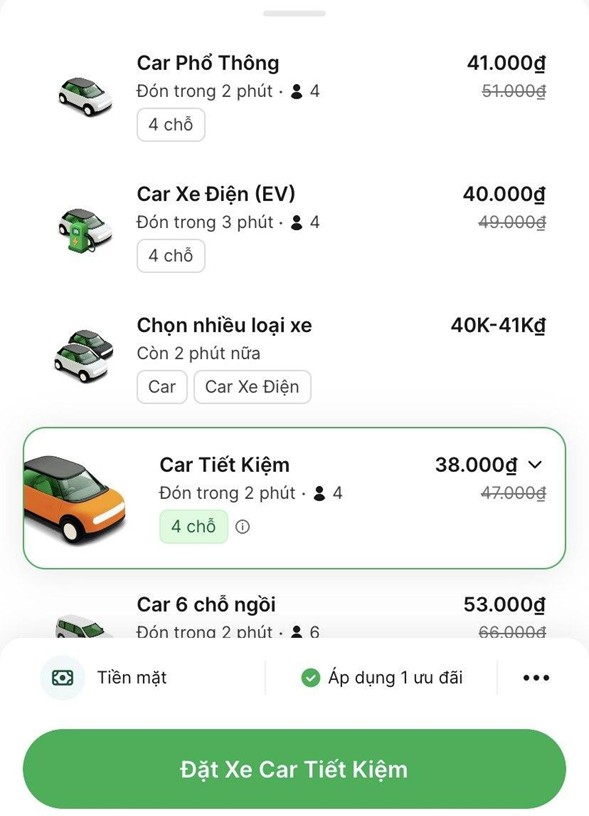   Nếu chọn GrabCar thì đây là số tiền sau cùng tôi phải trả cho cuốc xe này  