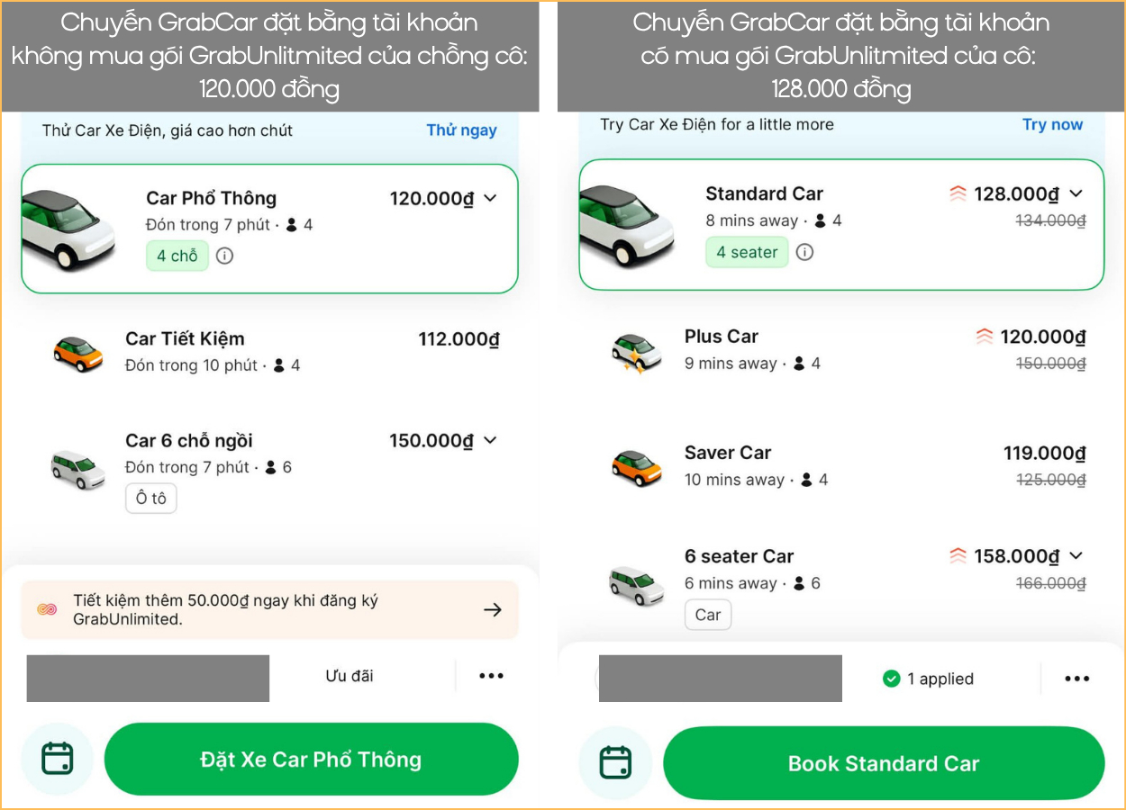 Cùng 1 giờ đặt, cùng 1 cung đường nhưng: Chuyến GrabCar đặt bằng tài khoản không mua gói hội viên, không có mã giảm giá để sử dụng lại rẻ hơn 8.000 đồng so với chuyến GrabCar đặt bằng tài khoản có mua gói hội viên và áp được 1 mã giảm giá