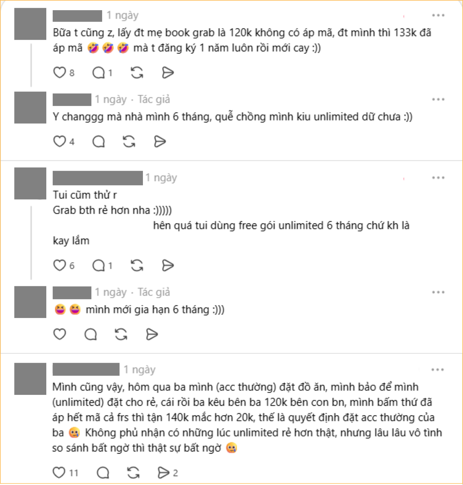 Không ít người cũng gặp tình trạng tài khoản dùng gói GrabUnlitmited lại đắt hơn tài khoản thường khi đặt cùng 1 đơn hàng/1 chuyến xe (Ảnh chụp màn hình)