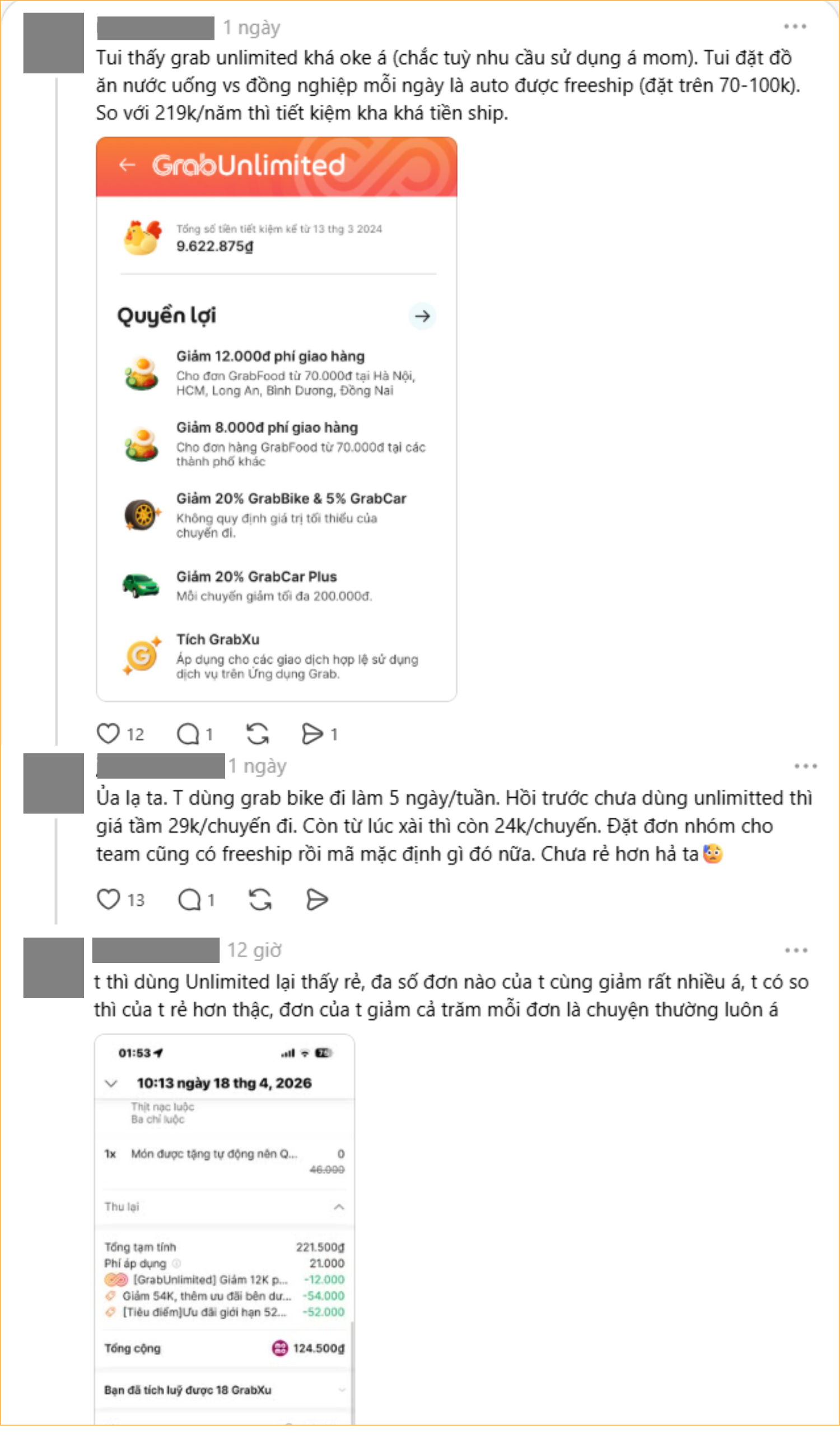   Trong khi đó cũng không ít người “giải oan” cho GrabUnlimited, khẳng định mua gói hội viên tiết kiệm được khối từ tiền đặt xe đặt đồ ăn (Ảnh chụp màn hình)  