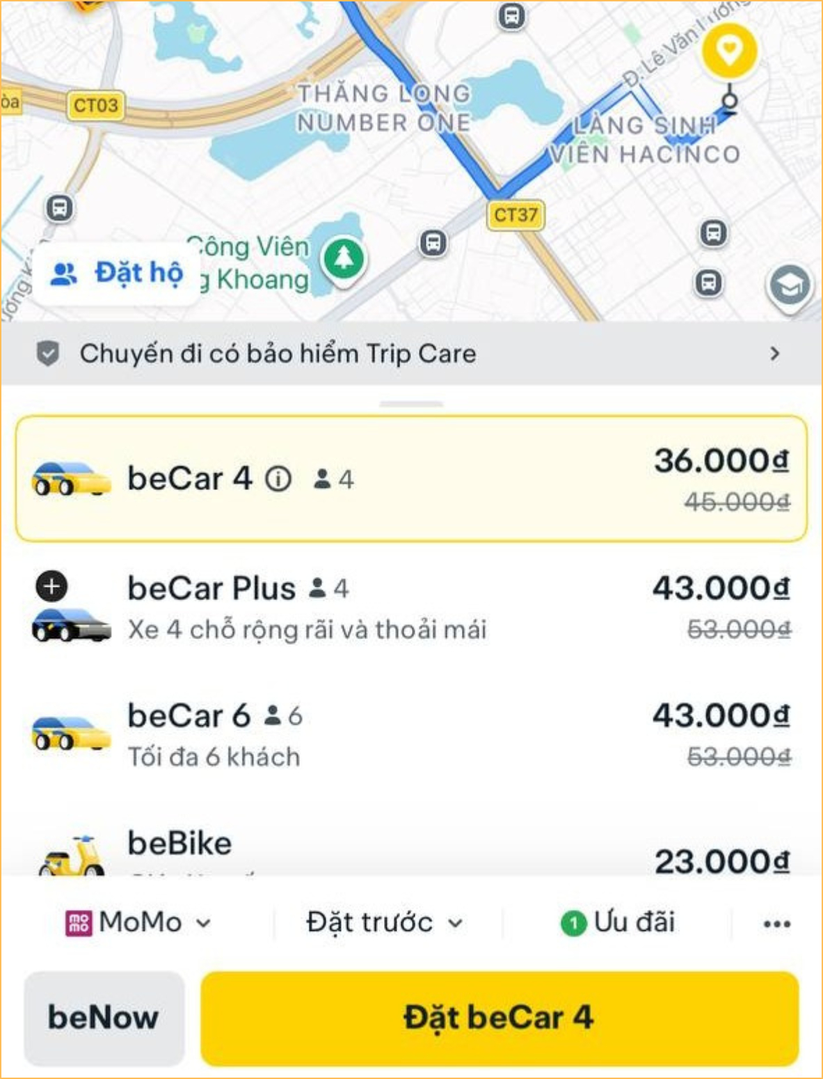 Với Gói Tiết Kiệm BeCar, chuyến xe của tôi có giá 36.000 đồng