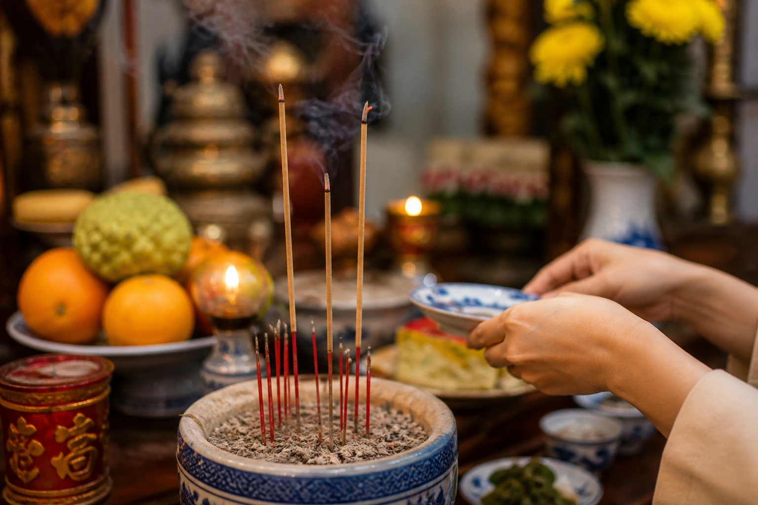 Thắp hương xong cứ nhẩm khấn câu này: Bề trên nghe thấu, lòng thành ắt được hồi âm