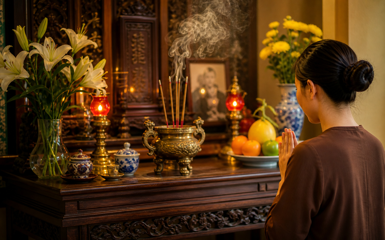 Thắp hương xong cứ nhẩm khấn câu này: Bề trên nghe thấu, lòng thành ắt được hồi âm