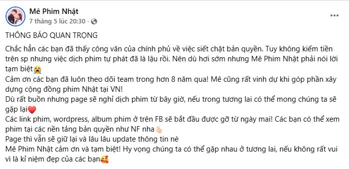 Thông báo ngừng hoạt động của fanpage Mê Phim Nhật 
