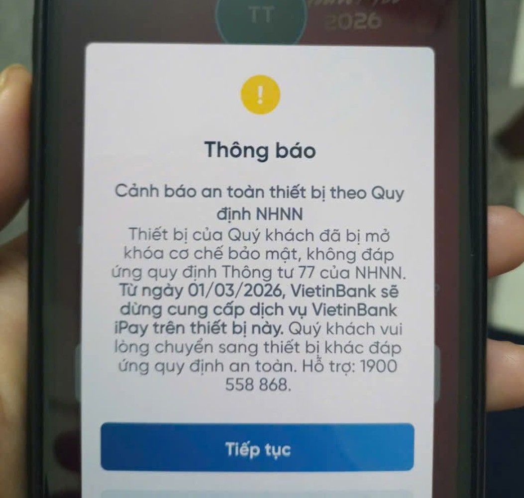 Thông báo từ VietinBank về việc ngừng truy cập trên thiết bị thiếu an toàn 
