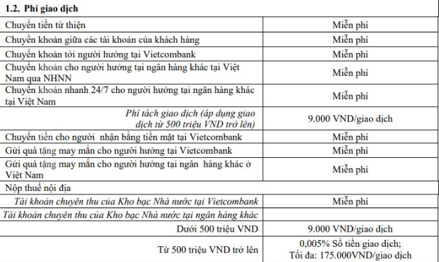 Biểu phí dịch vụ ngân hàng điện tử áp dụng cho khách hàng cá nhân Vietcombank từ 2/3/2026
