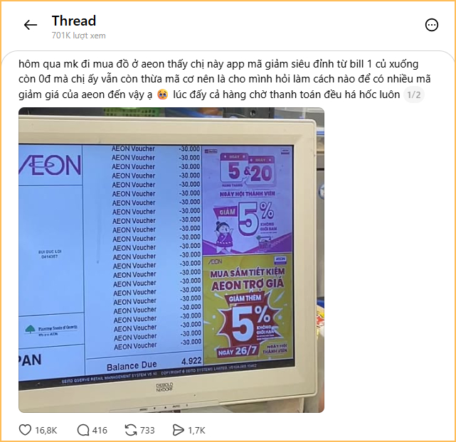   Nhìn số lượng voucher người này áp được khi mua sắm tại Aeon Mall này (Ảnh chụp màn hình)  