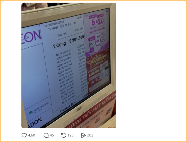   Một trường hợp khác: Mua sắm tại Aeon Mall, hóa đơn 6.901.600 đồng, thanh toán 1.600 đồng sau khi áp voucher (Ảnh chụp màn hình)  