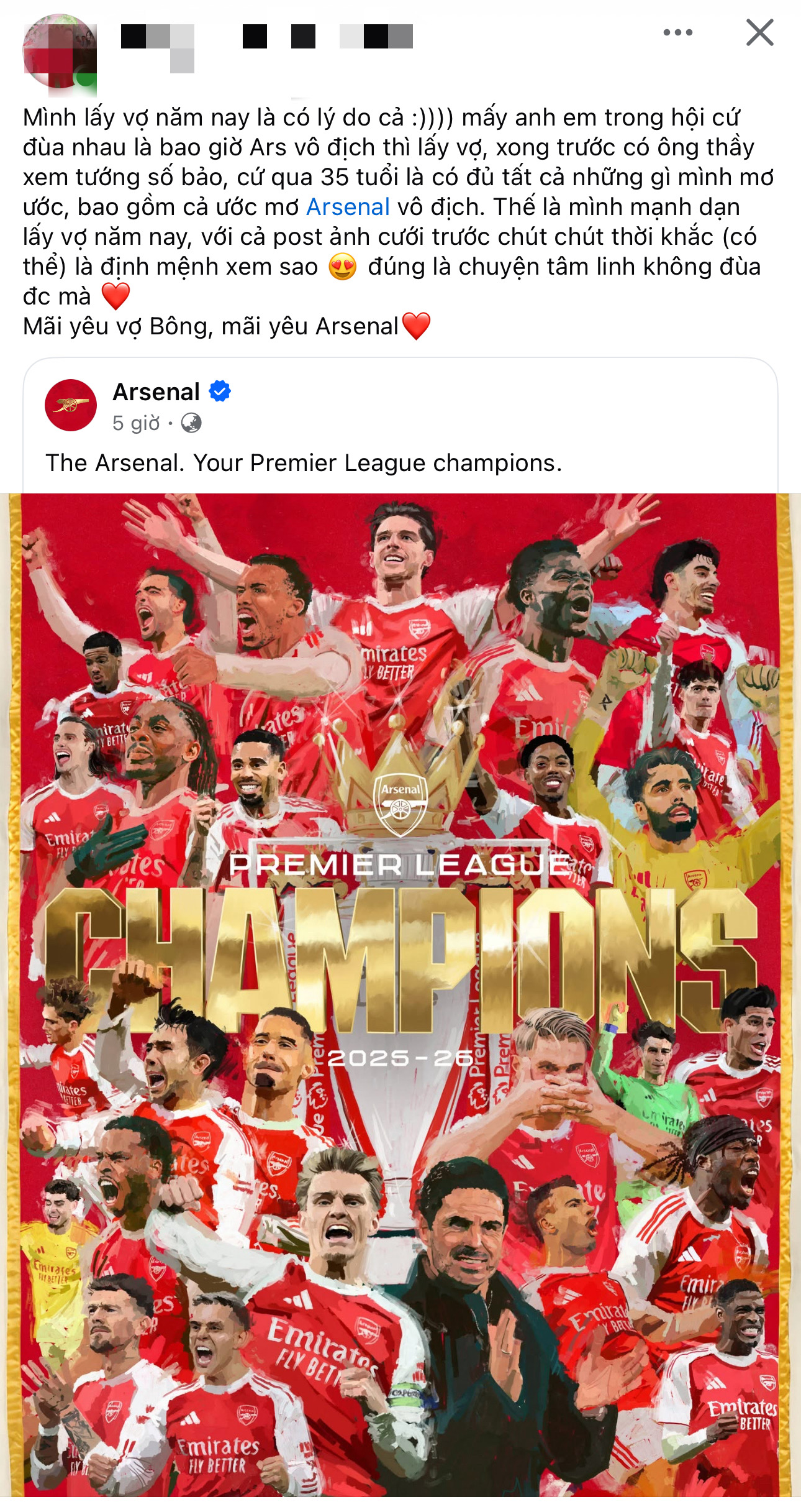 Arsenal vô địch sau 22 năm: MXH Việt Nam sôi động, HIEUTHUHAI ăn mừng, fan 