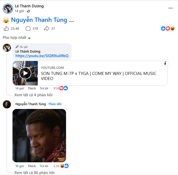 Ngô Kiến Huy để đúng 1 icon và tag tài khoản riêng của Sơn Tùng vào bài đăng. Trước đó, nam ca sĩ đã nhắn riêng Sơn Tùng khi nào ra nhạc để