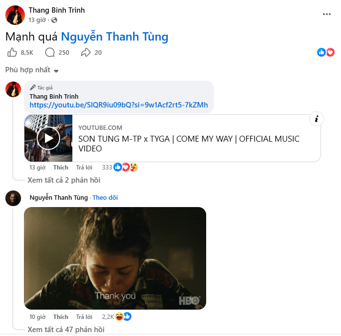 Trịnh Thăng Bình share bài hát của Sơn Tùng và nhận xét