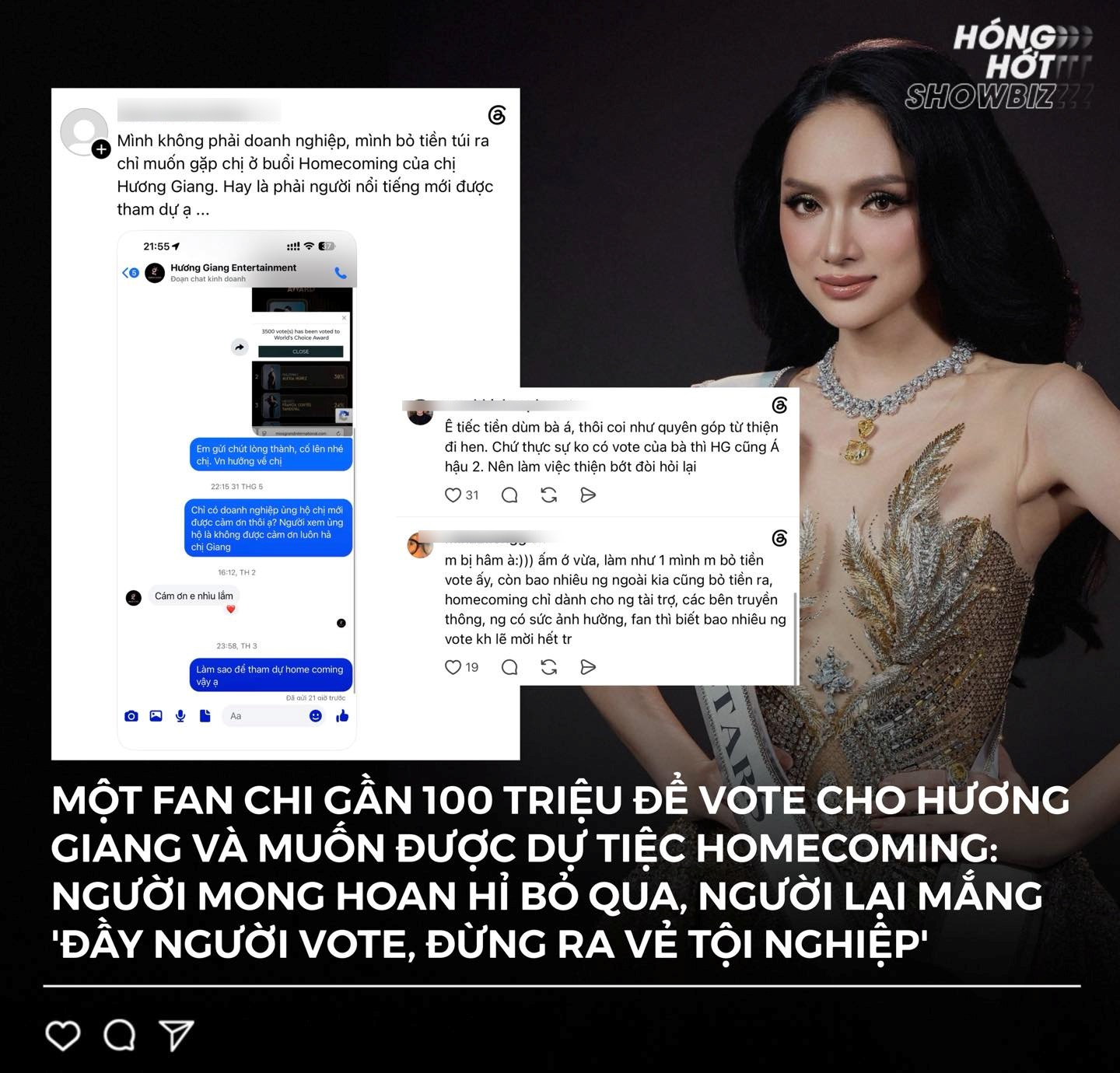 Một fan cho biết đã chi gần 100 triệu để vote cho Hương Giang nhưng lại bị ngó lỡ ở bữa tiệc tri ân.