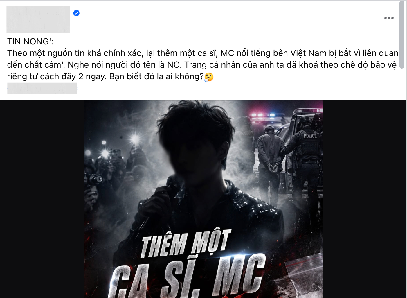 Nhiều fanpage, tài khoản MXH đang chia sẻ thông tin liên quan một nam ca sĩ bị điều tra vì liên quan đến chất cấm