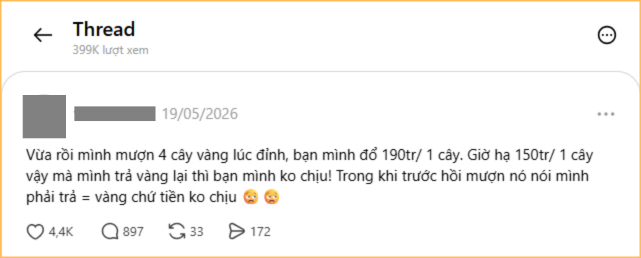 Vay 4 cây vàng lúc giá vàng 190 triệu đồng 1 cây, tới lúc giá vàng còn 150 triệu 1 cây, người vay muốn trả vàng thì người cho vay lại không chịu… (Ảnh chụp màn hình)