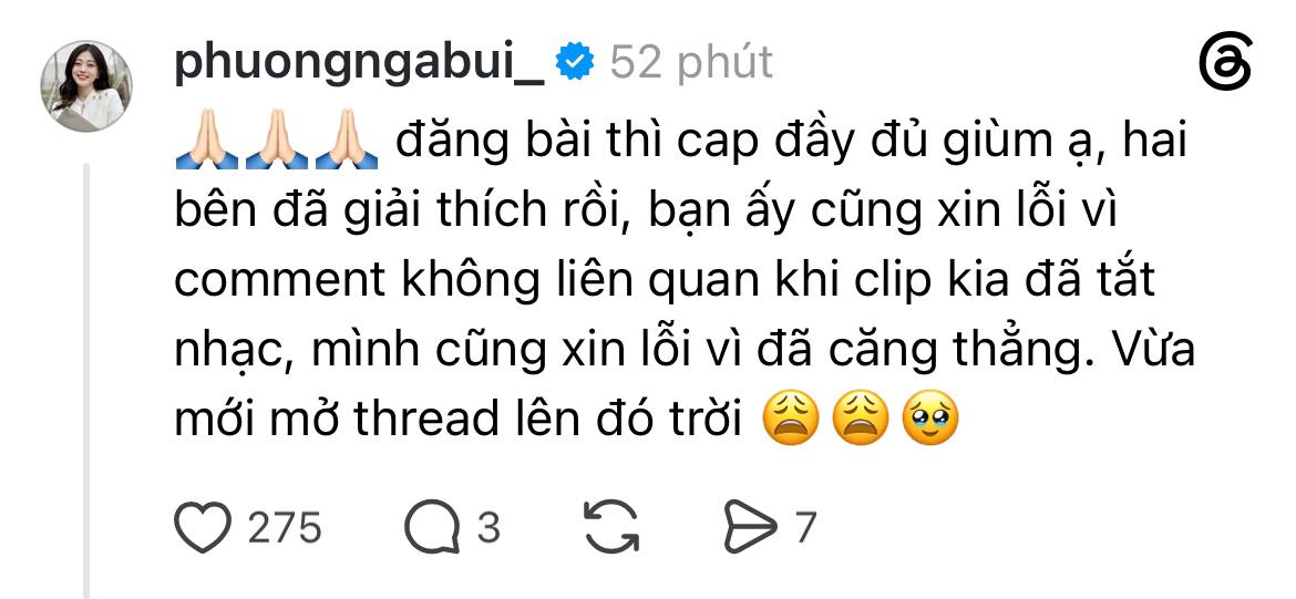 Khi bị đăng đàn trên Threads nói thái độ, đáp trả cư dân mạng thì Phương Nga nhanh chóng lên tiếng cho rằng sự việc chỉ là hiểu nhầm và đã giải quyết xong