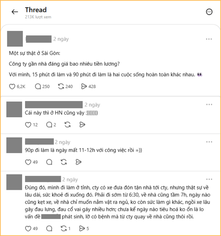 “15 phút đi làm và 90 phút đi làm là 2 cuộc sống hoàn toàn khác nhau”. Nhiều người cũng đồng tình với quan điểm này (Ảnh chụp màn hình)