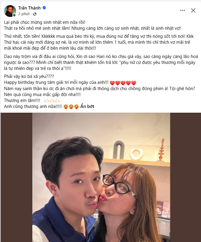 Trấn Thành bất ngờ tiết lộ sợ sinh nhật vợ, nhưng đọc hết bài đăng mới hiểu khéo nịnh cỡ nào