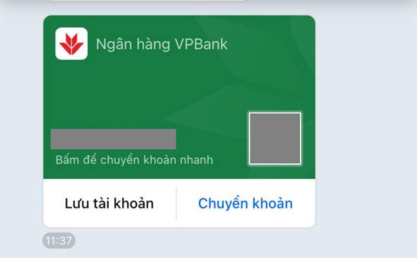Thẻ chuyển khoản nhanh khi trao đổi thông tin tài khoản ngân hàng trên Zalo