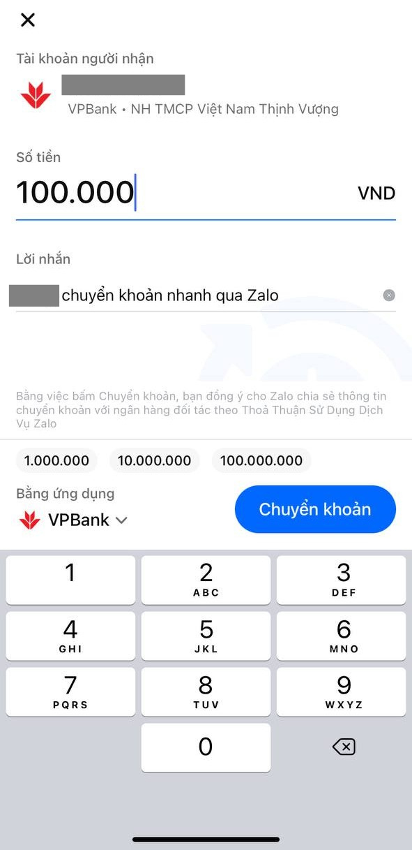 Giao diện màn hình chuyển khoản nhanh trên Zalo