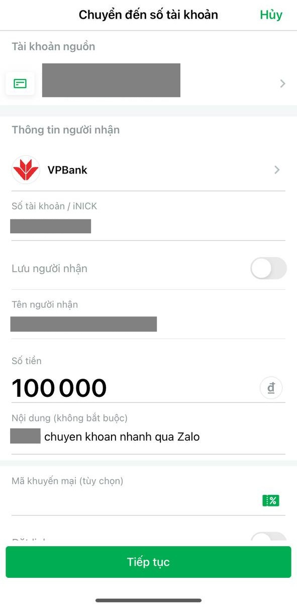 Bấm “Tiếp tục”, nhập mã OTP và hoàn thành giao dịch chuyển khoản nhanh qua Zalo