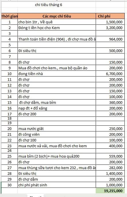   Bảng chi tiêu hàng tháng do cô vợ chia sẻ  