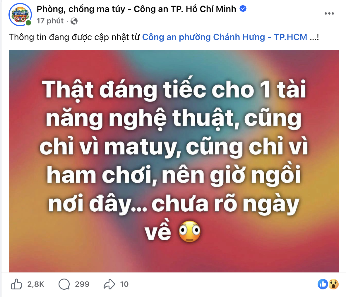 Bài đăng thu hút nhiều sự quan tâm của dư luận trên fanpage Phòng, chống ma tuý - Công an TP.HCM (Ảnh: Chụp màn hình)