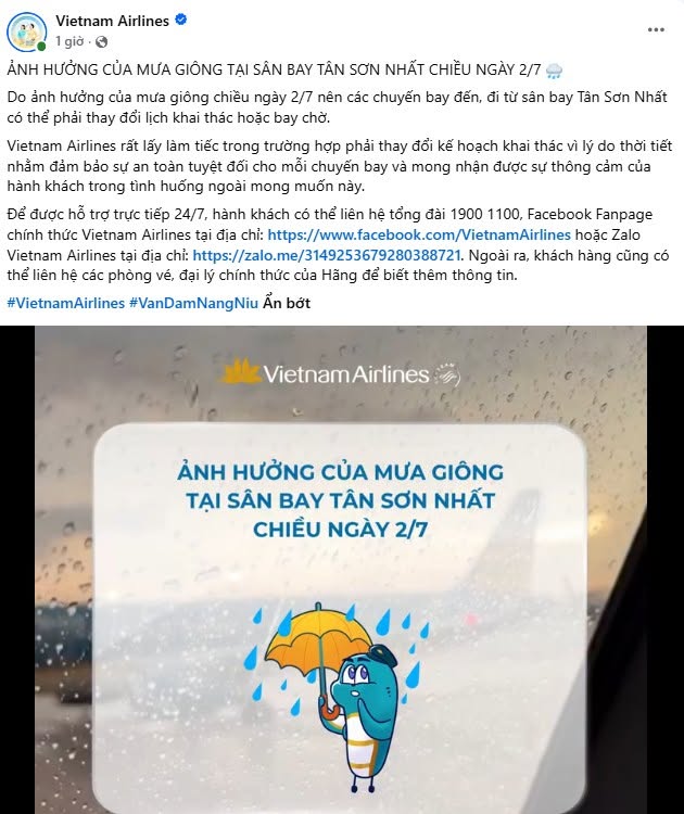 Thông báo mới nhất từ Vietnam Airlines về việc thay đổi lịch trình các chuyến bay do thời tiết xấu