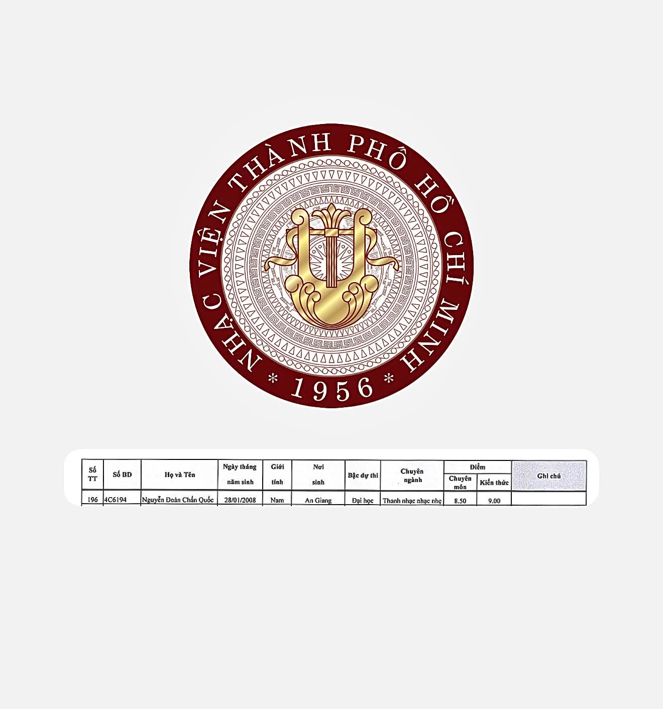 Chấn Quốc công bố bảng điểm là Thủ khoa Chuyên ngành Thanh nhạc Nhạc nhẹ tại Nhạc viện TP.HCM
