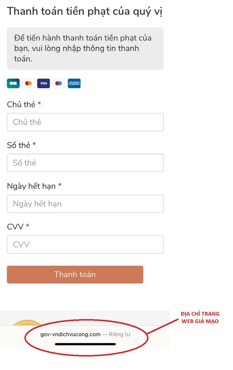 Giao diện của trang web giả mạo