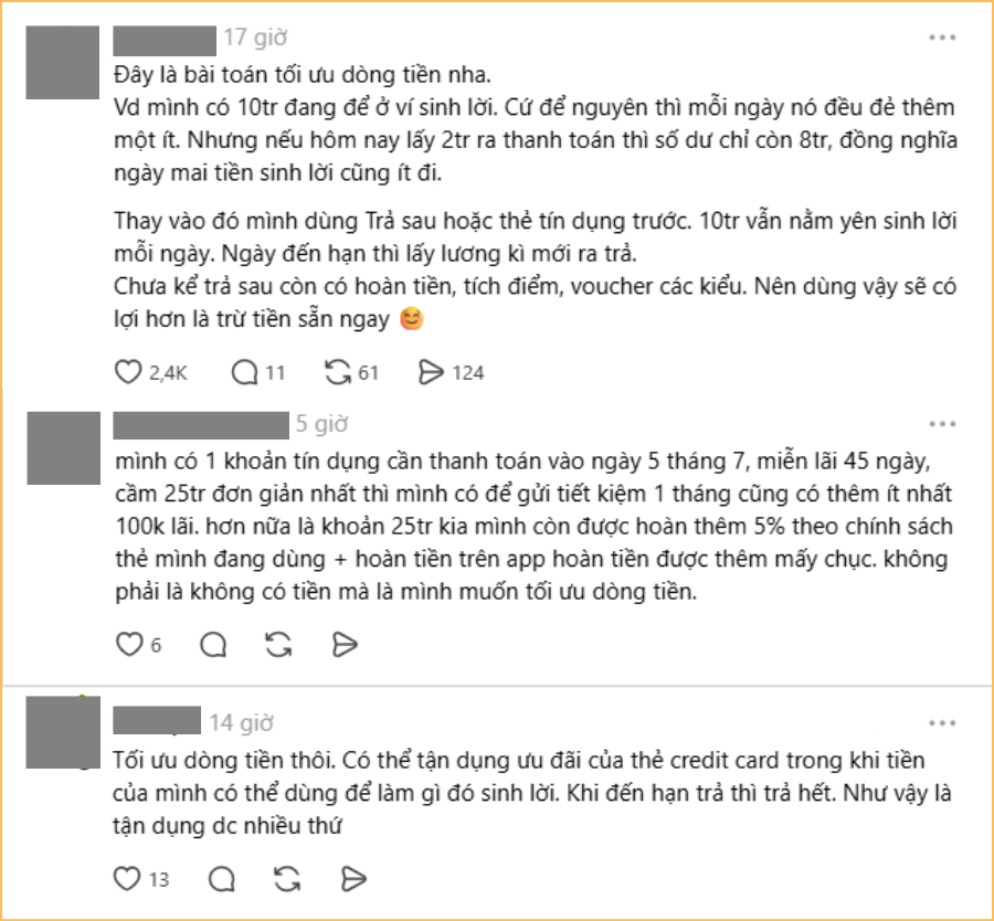 Dùng ví trả sau/thẻ tín dụng không phải vì tài khoản thiếu tiền, đơn giản là để tối ưu dòng tiền thôi (Ảnh chụp màn hình)
