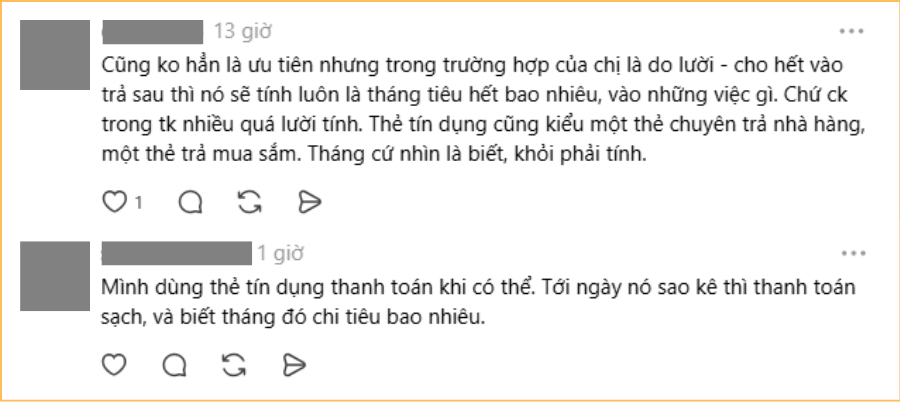 Thanh toán từ tiền trong tài khoản thì lười tính, thẻ tín dụng dùng vài cái, mỗi thẻ cho 1 nhu cầu là cuối tháng biết mình đã chi bao nhiêu, khỏi phải tính (Ảnh chụp màn hình)