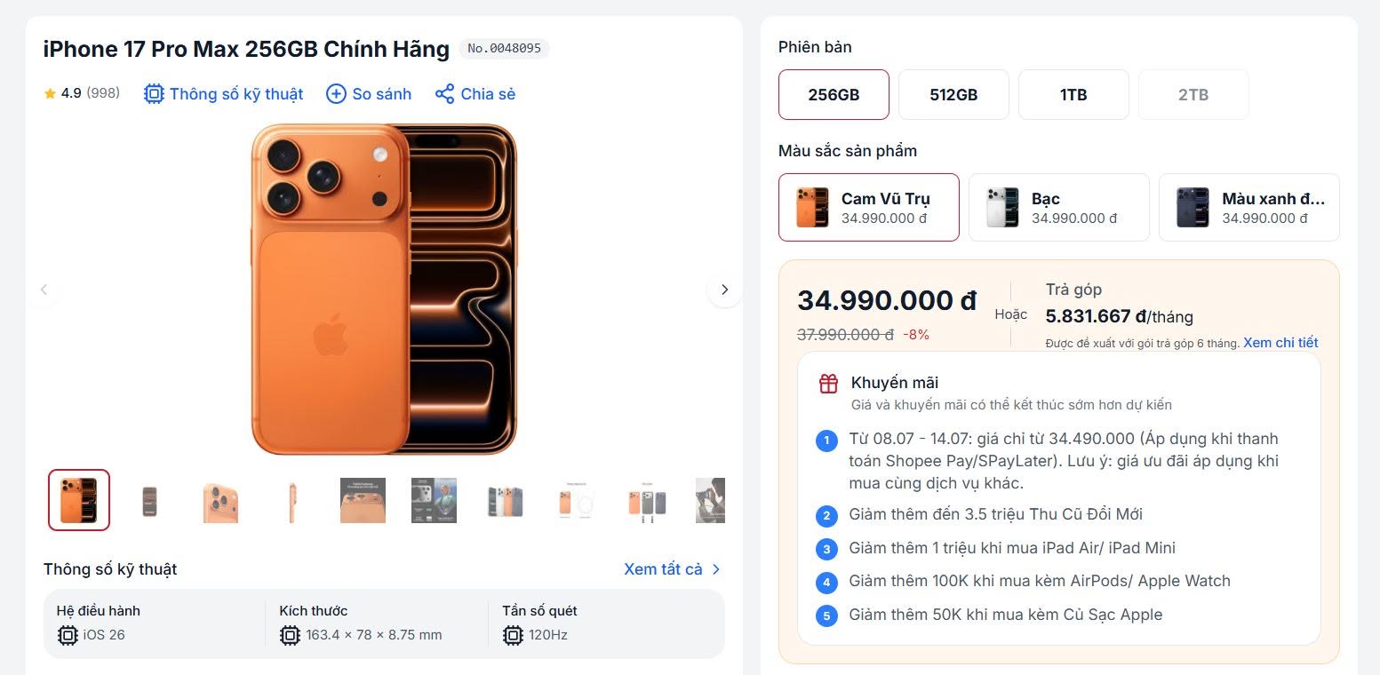 Mức giá iPhone 17 Pro Max đang giảm sâu nhất từ khi ra mắt