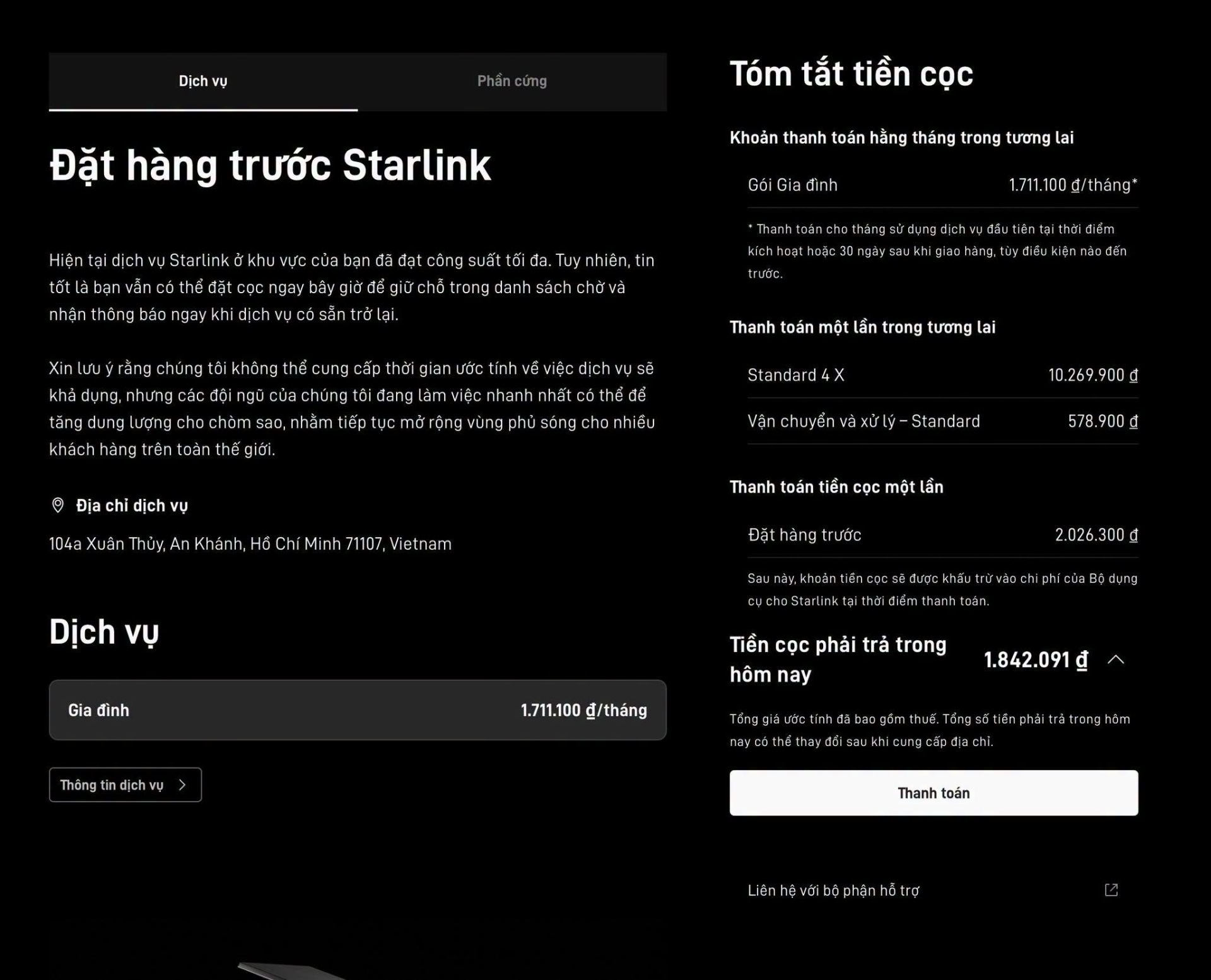Tổng chi phí mà khách hàng phải chi trả để sử dụng Internet vệ tinh Starlink tại Việt Nam là 12,5 triệu đồng (Ảnh chụp màn hình)
