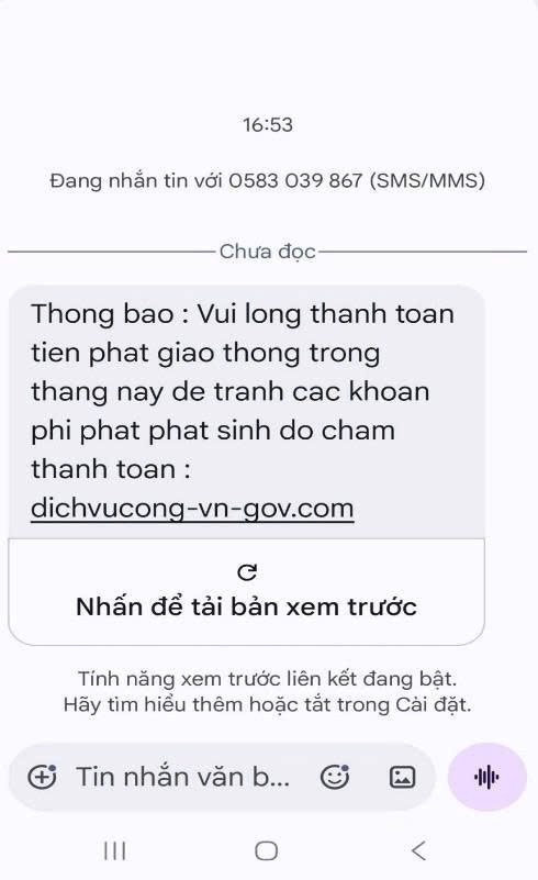 Tin nhắn lừa đảo giả mạo cơ quan chức năng đính kèm đường link độc hại